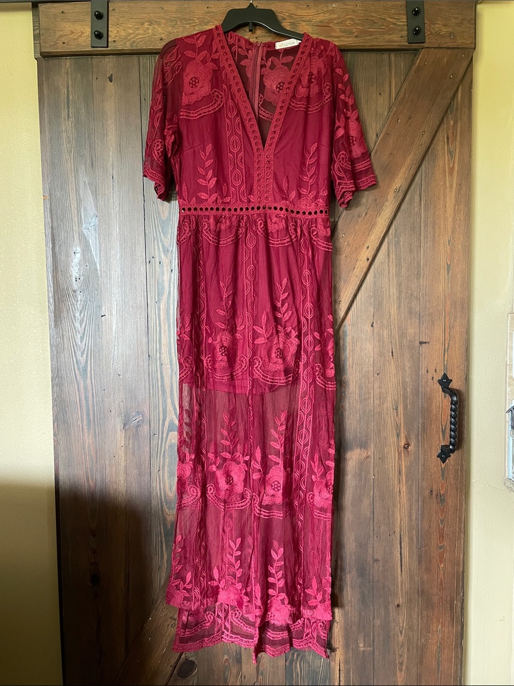 Embroidered V-Neck Maxi Dress in Burgundy by Unknown